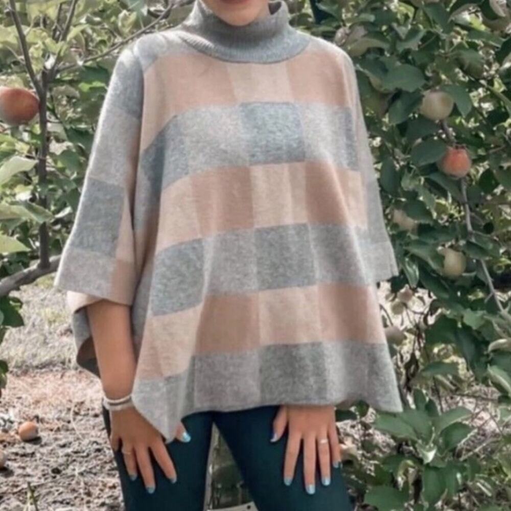 Note Di Anita Tan & Grey Checkered Wool Blend Knit Poncho Sweater One Size